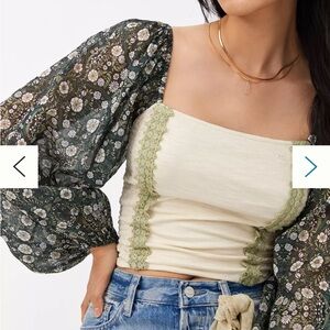 Anthropologie Smocked Crop Corset with Sheer Bishop Sleeves
